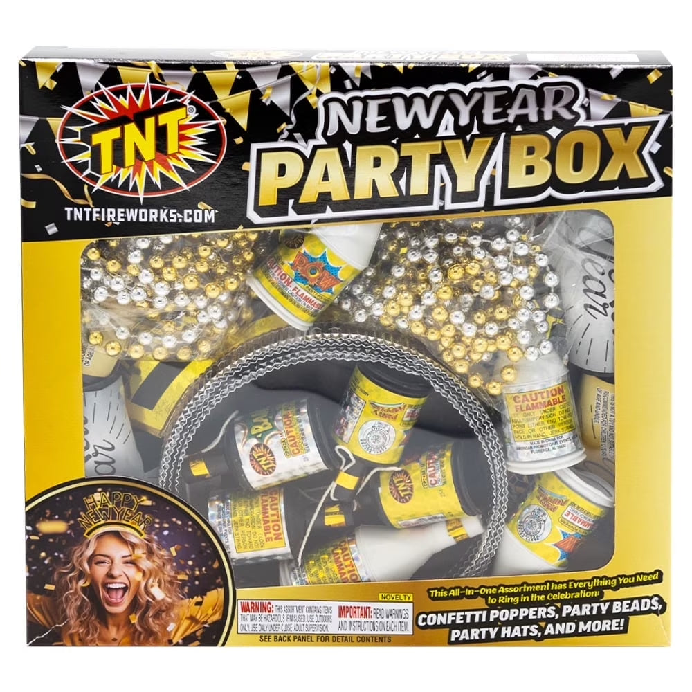 , New Year'S Party Box, 3-Pack, Party Poppers and Hats, Gold and Silver, Novelty Box, Party Poppers, New Year'S Party Items