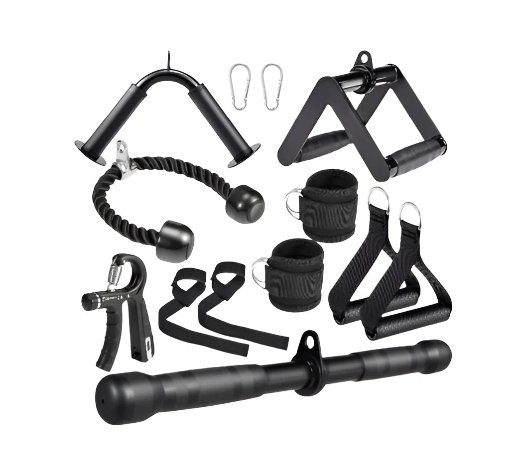 10-In-1 Cable Machine Attachments Set for Gym - Includes Tricep Rope, V-Bar, Straight Bar, D-Handle, Ankle/Wrist Straps, Storage Bag - Compatible with LAT Pulldown & Home Gym Cable Machines