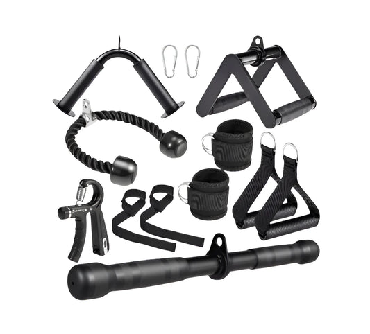 10-In-1 Cable Machine Attachments Set for Gym - Includes Tricep Rope, V-Bar, Straight Bar, D-Handle, Ankle/Wrist Straps, Storage Bag - Compatible with LAT Pulldown & Home Gym Cable Machines