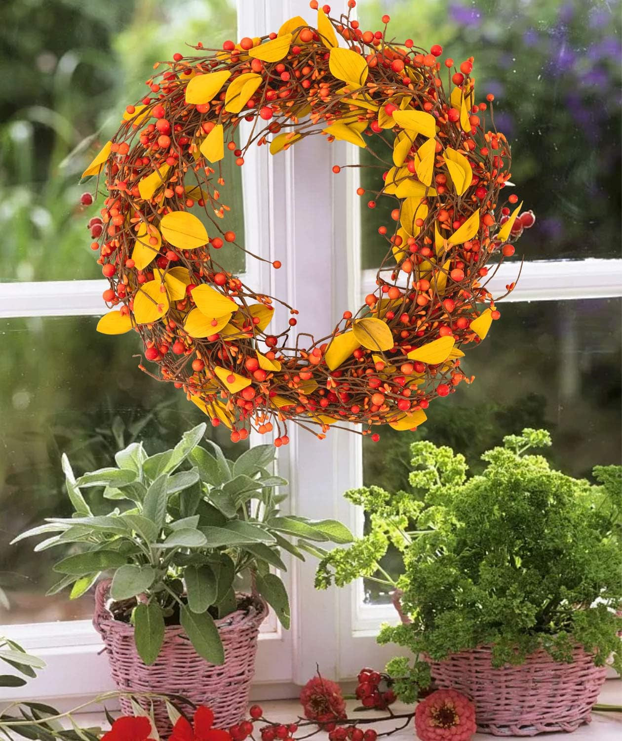 Door Wreath 22 Inch Artificial Fall Berry Wreath Fall Harvest Silk Fall Front Door Maple Leaf Wreath for Front Door Fall Decorations