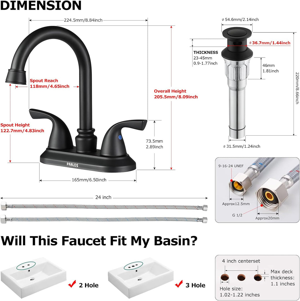 2-Handle Bathroom Faucet with Metal Drain Assembly & Supply Lines NSF Cupc Certified, Matte Black, 1359104