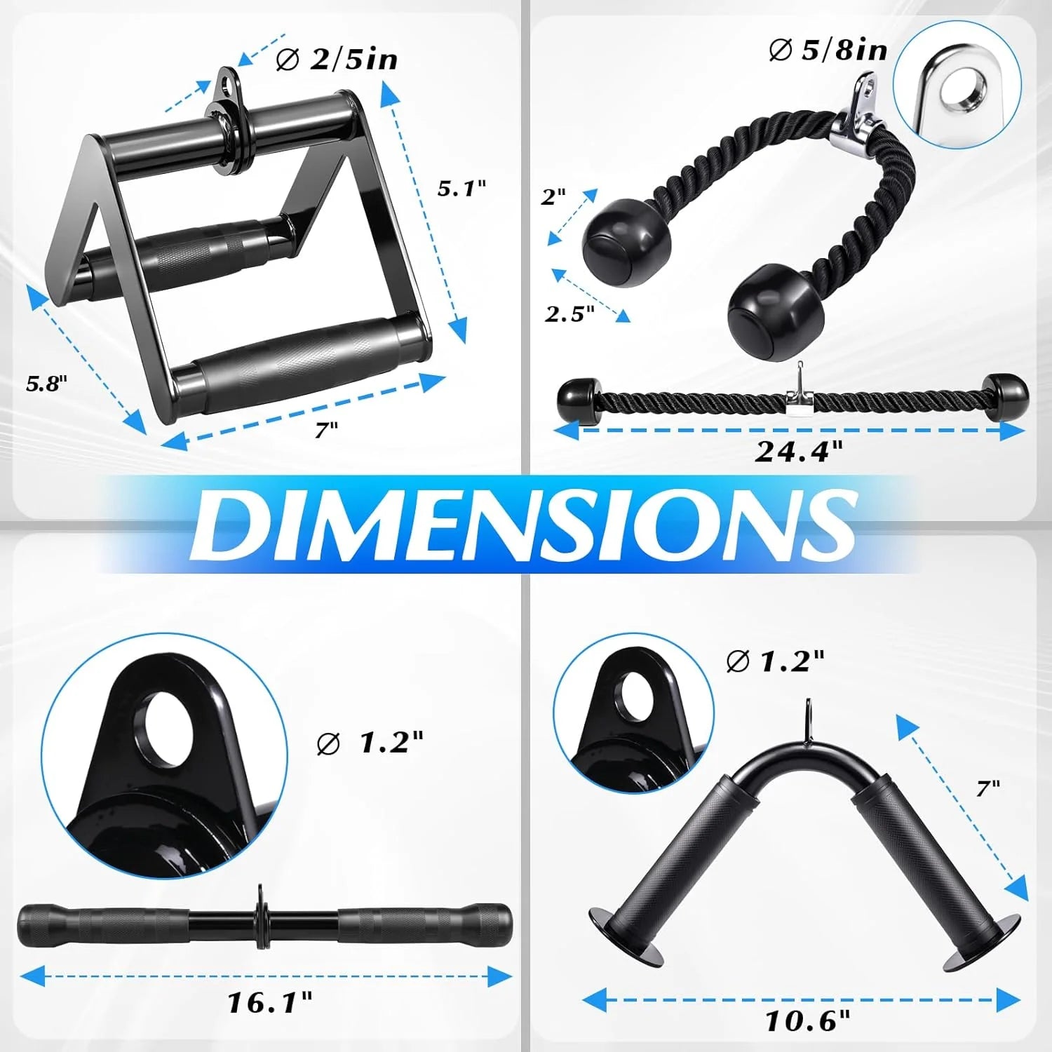 10-In-1 Cable Machine Attachments Set for Gym - Includes Tricep Rope, V-Bar, Straight Bar, D-Handle, Ankle/Wrist Straps, Storage Bag - Compatible with LAT Pulldown & Home Gym Cable Machines