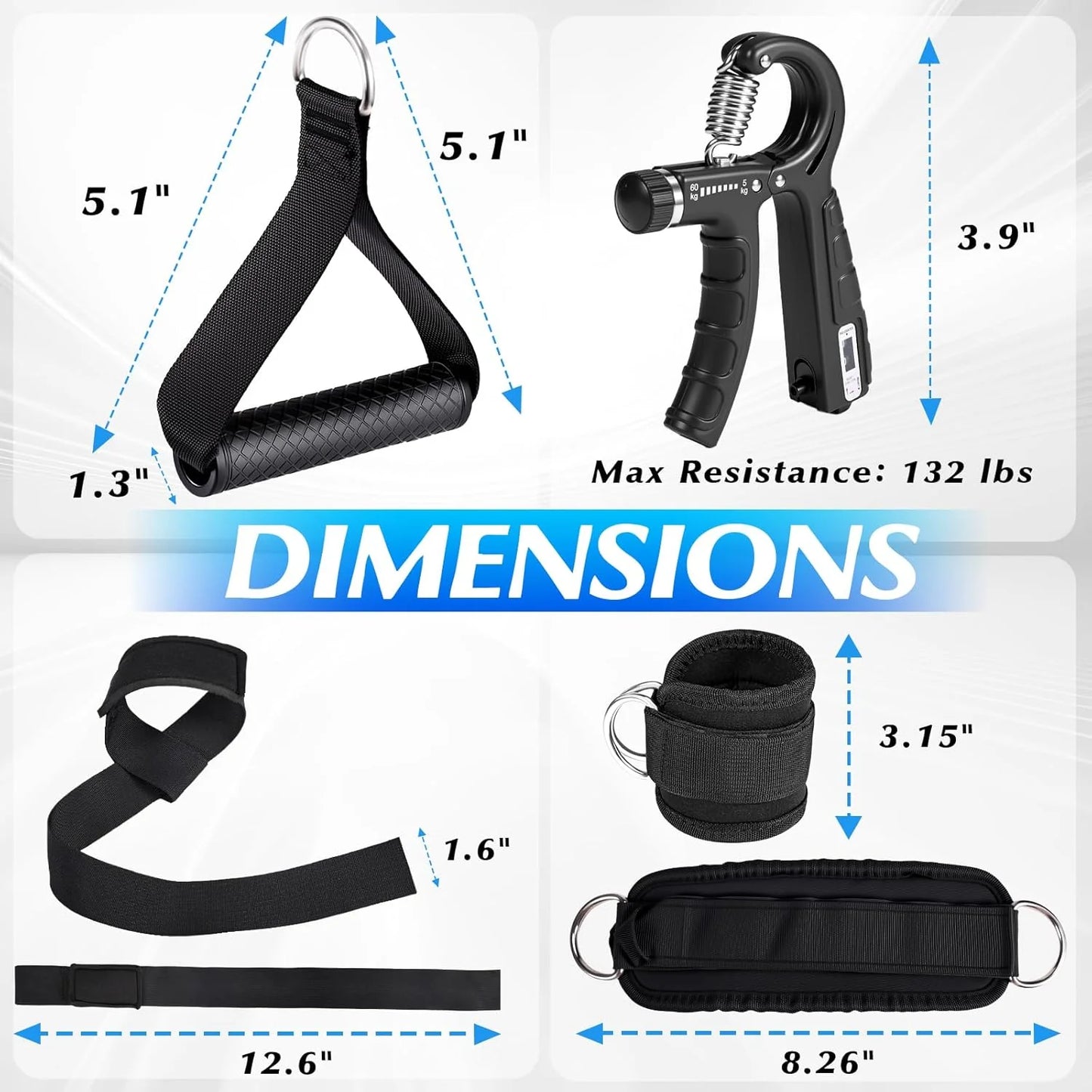 10-In-1 Cable Machine Attachments Set for Gym - Includes Tricep Rope, V-Bar, Straight Bar, D-Handle, Ankle/Wrist Straps, Storage Bag - Compatible with LAT Pulldown & Home Gym Cable Machines