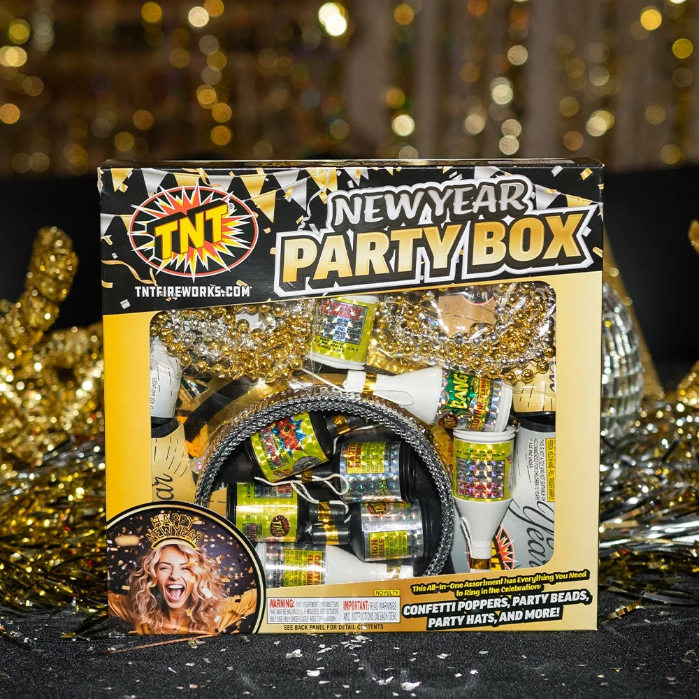 , New Year'S Party Box, 3-Pack, Party Poppers and Hats, Gold and Silver, Novelty Box, Party Poppers, New Year'S Party Items